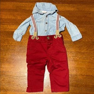 Denim shirt with red pants